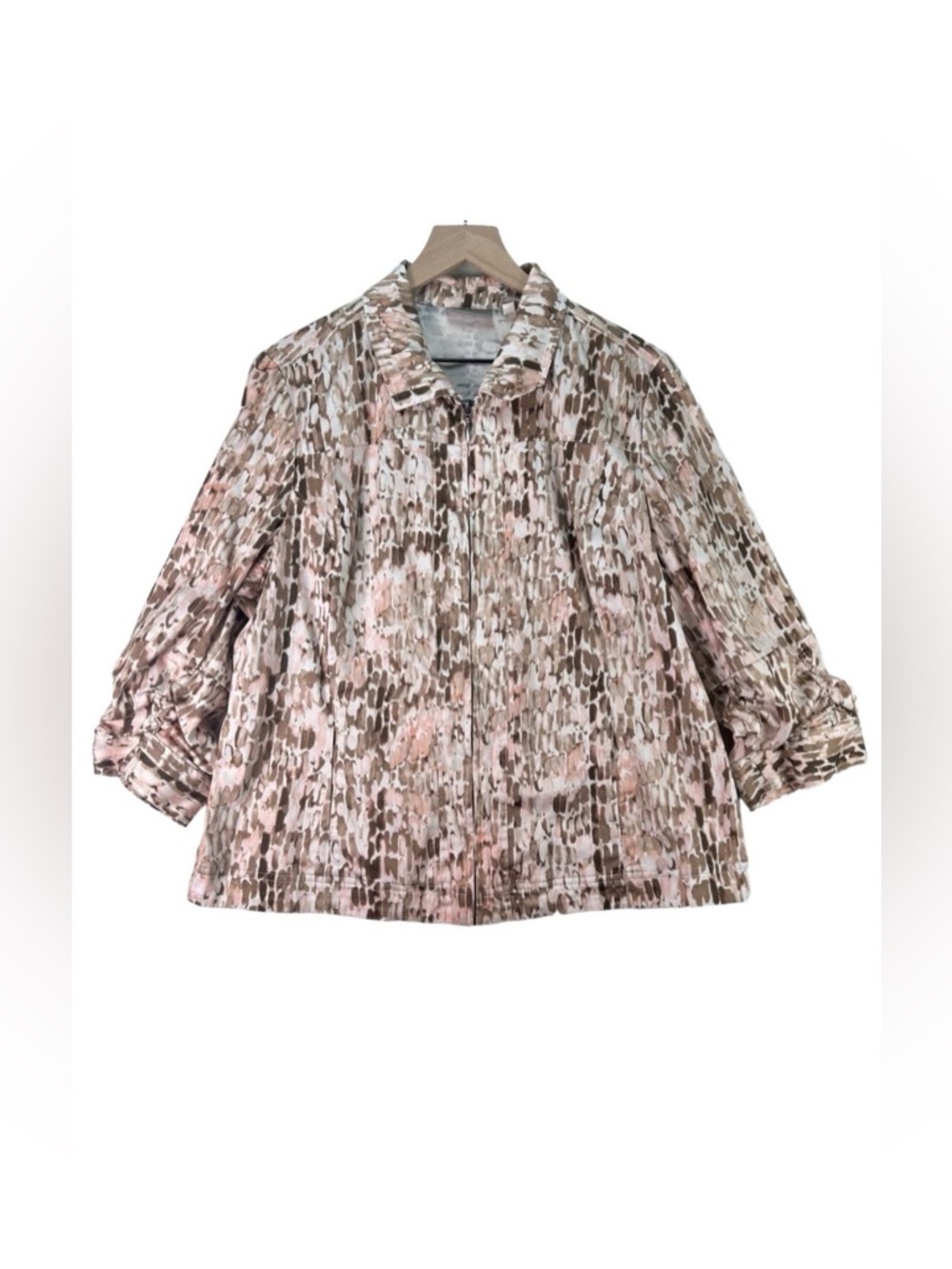 Chicos Pink Brown Abstract Print Zip Front Long Ruched Sleeves Pockets Jacket 3